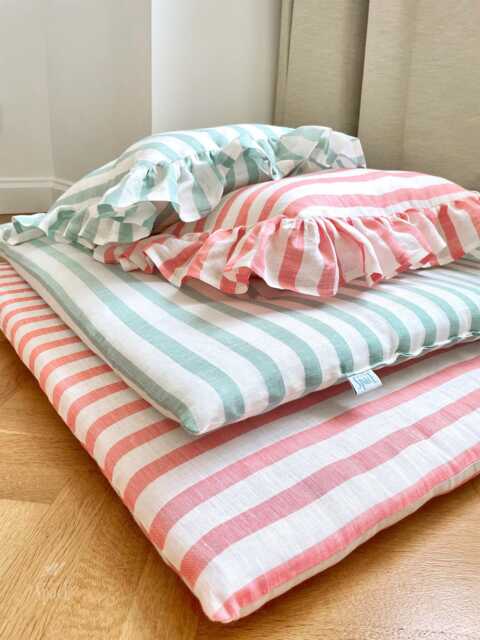 Red & White Striped Linen Play Mat, Quilted Square Nursery Floor Kids Room Rug - image 1