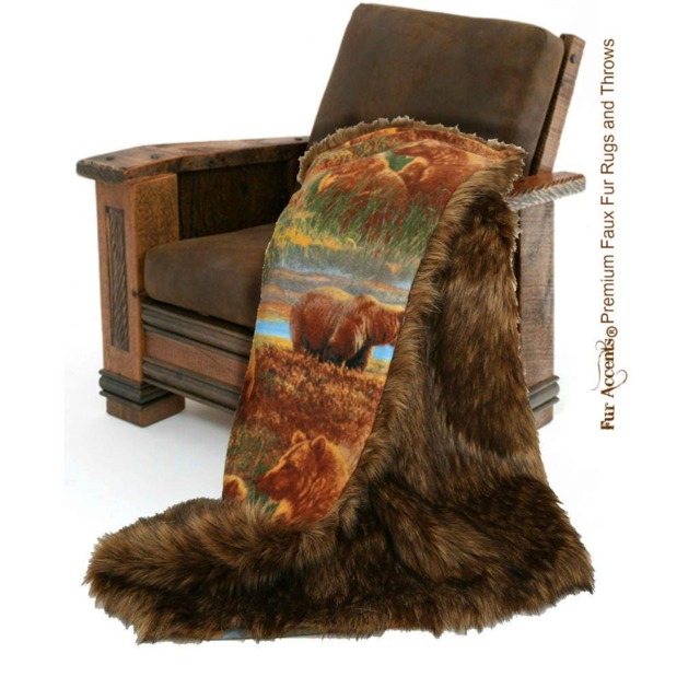 Plush Faux Fur Throw Blanket, Brown Shag With Bears, Cuddle Flannel Lining - image 1