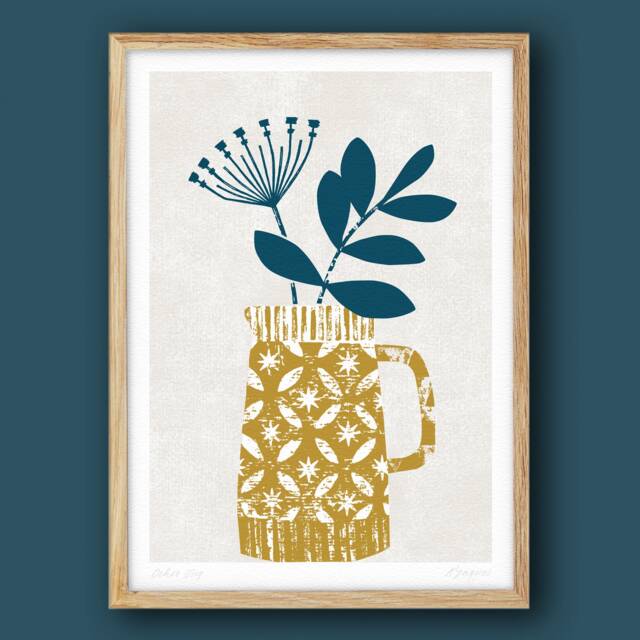 Ochre Jug, Seed Head Print, Mustard Decor, Bohemian & Blue Modern Flower Art, Skandi Botanical A4, A3, Unframed - image 1