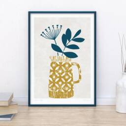 Ochre Jug, Seed Head Print, Mustard Decor, Bohemian & Blue Modern Flower Art, Skandi Botanical A4, A3, Unframed - thumbnail 2
