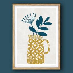 Ochre Jug, Seed Head Print, Mustard Decor, Bohemian & Blue Modern Flower Art, Skandi Botanical A4, A3, Unframed - thumbnail 1