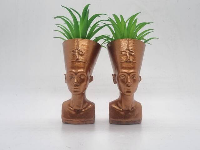 Copper Coloured Pair Of Queen Nefertiti Planters, Egyptian Mimi Vase, Egyptian Sculpture, African Queen Plant Pot, Egyptian Gift Idea - image 1