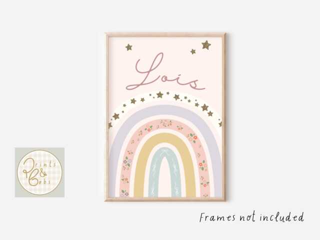 Pretty Personalised Pastel Rainbow Featuring Bows, Flowers & Stars. Perfect Girls Room Wall Art - Unframed - image 1