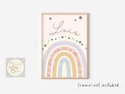 Pretty Personalised Pastel Rainbow Featuring Bows, Flowers & Stars. Perfect Girls Room Wall Art - Unframed - thumbnail 1