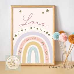 Pretty Personalised Pastel Rainbow Featuring Bows, Flowers & Stars. Perfect Girls Room Wall Art - Unframed - thumbnail 2