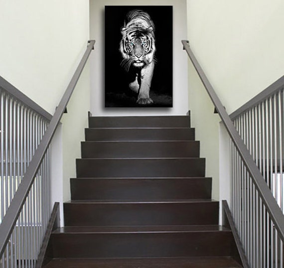Tiger Black & White Blue Eyes Fierce Angry Strong Small Medium Large Deep Canvas Print Modern Portrait Wall Art Picture Free Delivery - image 1