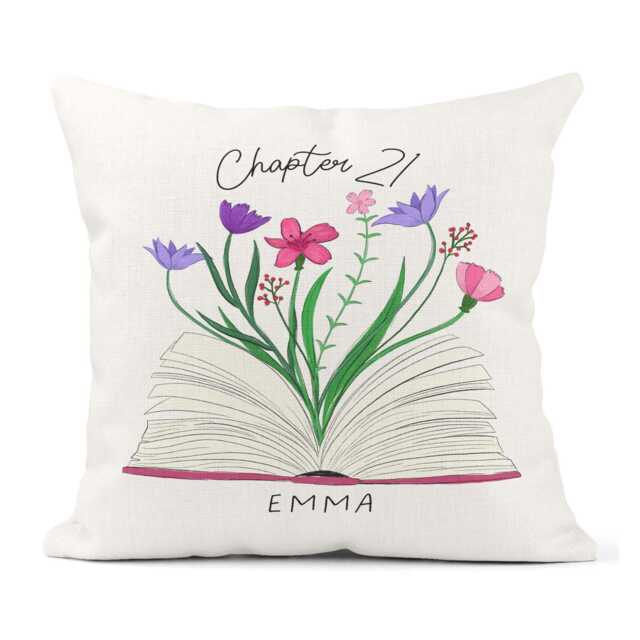 Chapter 21 Personalised Name Cushion - 21st Birthday Book Lover Gift Florals - image 1