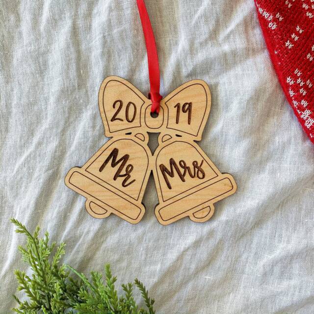First Christmas Mr & Mrs Ornament Engraved Wood Engagement Gift - image 1