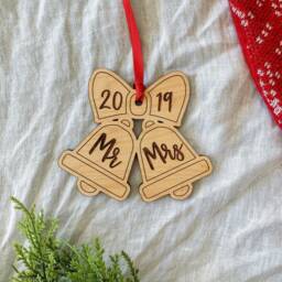 First Christmas Mr & Mrs Ornament Engraved Wood Engagement Gift - thumbnail 1