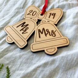 First Christmas Mr & Mrs Ornament Engraved Wood Engagement Gift - thumbnail 2