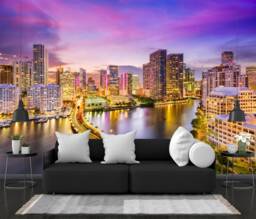 Miami Sunset Skyline Wallpaper Mural Peel & Stick Photo Decal - thumbnail 1