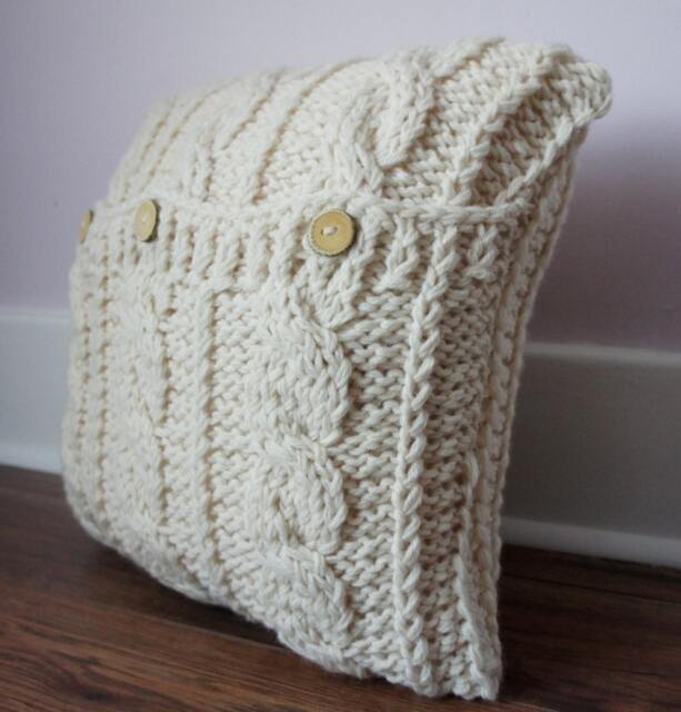 Hand-Knitted Cable Knit Pillow Cover Cream White Wool Blend - 18x18 - image 1