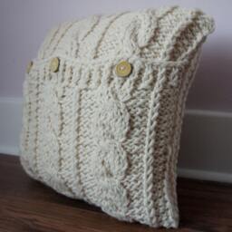 Hand-Knitted Cable Knit Pillow Cover Cream White Wool Blend - 18x18 - thumbnail 2