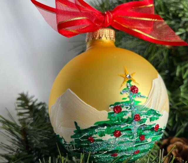 Hand-Painted Christmas Tree Ornament Snowy Mountain Scene, Swarovski Star On A Gold Ball - image 1