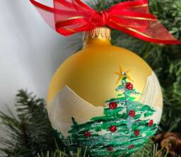 Hand-Painted Christmas Tree Ornament Snowy Mountain Scene, Swarovski Star On A Gold Ball