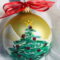 Hand-Painted Christmas Tree Ornament Snowy Mountain Scene, Swarovski Star On A Gold Ball - thumbnail 2