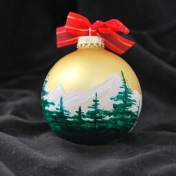 Hand-Painted Christmas Tree Ornament Snowy Mountain Scene, Swarovski Star On A Gold Ball - thumbnail 4