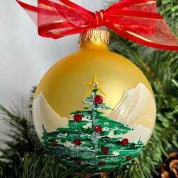 Hand-Painted Christmas Tree Ornament Snowy Mountain Scene, Swarovski Star On A Gold Ball - thumbnail 3