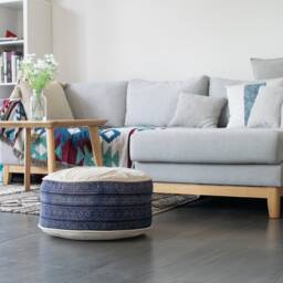 Indigo Batik Hemp Ottoman Pouf, Rustic Ethnic Floor Cushion - thumbnail 2