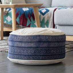 Indigo Batik Hemp Ottoman Pouf, Rustic Ethnic Floor Cushion - thumbnail 3