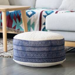 Indigo Batik Hemp Ottoman Pouf, Rustic Ethnic Floor Cushion
