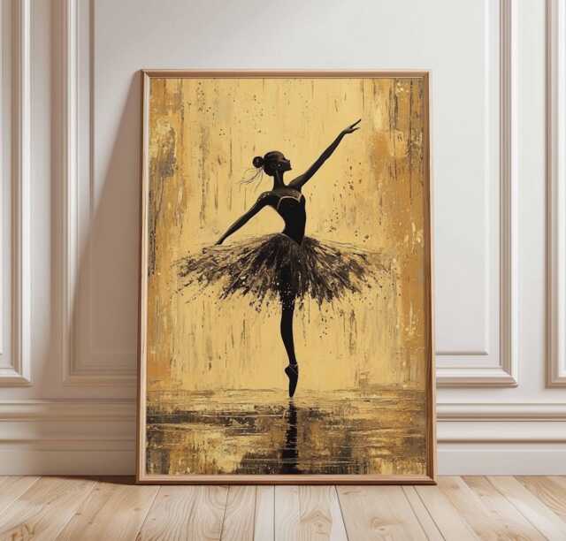 Ballerina Dance Poster, Elegant Ballet Art Print, Black & Gold Wall Decor, Modern Art, Silhouette Poster - image 1