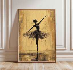 Ballerina Dance Poster, Elegant Ballet Art Print, Black & Gold Wall Decor, Modern Art, Silhouette Poster - thumbnail 1