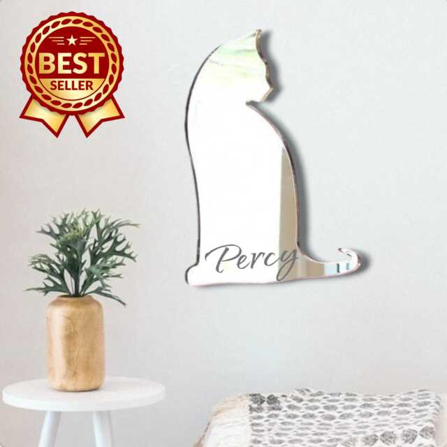 Sitting Cat Acrylic Mirror Wall Art - Personalized Engraving Available - image 1