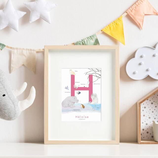 Personalized Letter Poster, Baby Initial, Birth Gift, Child Birthday, Room Decoration, French Or English, H - image 1