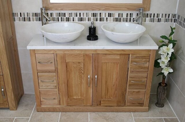 Oak Bathroom Vanity Cabinet Double Twin Sink Bowl Basin & White Marble Unit 02Bwm25Wmx2 - image 1