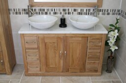 Oak Bathroom Vanity Cabinet Double Twin Sink Bowl Basin & White Marble Unit 02Bwm25Wmx2 - thumbnail 1