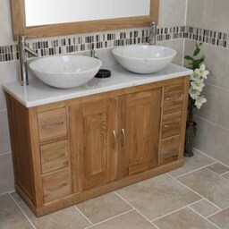 Oak Bathroom Vanity Cabinet Double Twin Sink Bowl Basin & White Marble Unit 02Bwm25Wmx2 - thumbnail 3