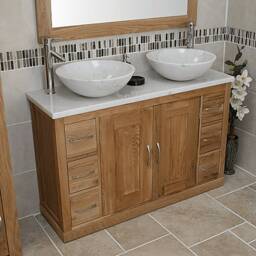 Oak Bathroom Vanity Cabinet Double Twin Sink Bowl Basin & White Marble Unit 02Bwm25Wmx2 - thumbnail 2