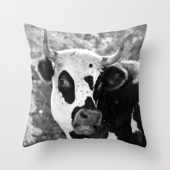 Cow, Pillow Or Cover Home Decoration, Rustic, Farmhouse, Grey, Black, White, Animal Cover, Kids Decor, Country Living - image 1