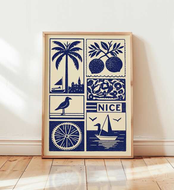 Nice Linocut Art Print, Modern French Riviera Poster, Minimalist Coastal Wall Art, Blue & Beige Travel Mediterranean Decor - image 1