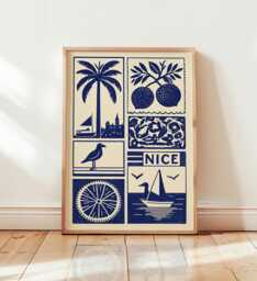 Nice Linocut Art Print, Modern French Riviera Poster, Minimalist Coastal Wall Art, Blue & Beige Travel Mediterranean Decor - thumbnail 1