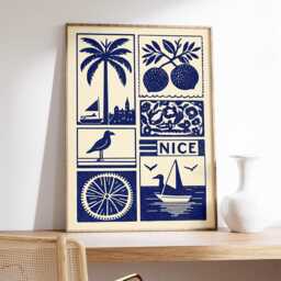 Nice Linocut Art Print, Modern French Riviera Poster, Minimalist Coastal Wall Art, Blue & Beige Travel Mediterranean Decor - thumbnail 2