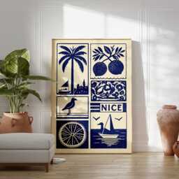 Nice Linocut Art Print, Modern French Riviera Poster, Minimalist Coastal Wall Art, Blue & Beige Travel Mediterranean Decor - thumbnail 3