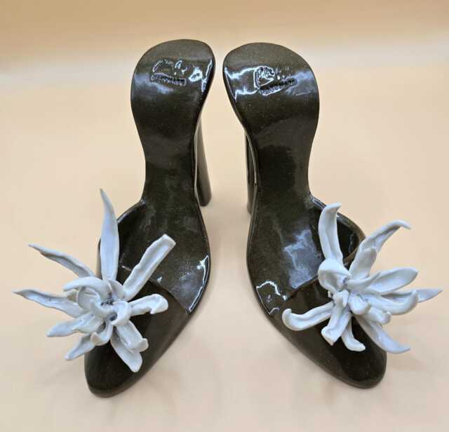 Ceramic Handbuilt Pair Of Shoes - Dark Brown Clay With White Chrysanthemum Flower - Art Shoe Decor Matching Vase-Pocketbook Available - image 1