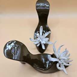 Ceramic Handbuilt Pair Of Shoes - Dark Brown Clay With White Chrysanthemum Flower - Art Shoe Decor Matching Vase-Pocketbook Available - thumbnail 3
