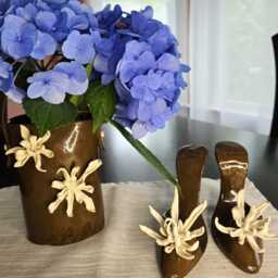 Ceramic Handbuilt Pair Of Shoes - Dark Brown Clay With White Chrysanthemum Flower - Art Shoe Decor Matching Vase-Pocketbook Available - thumbnail 4