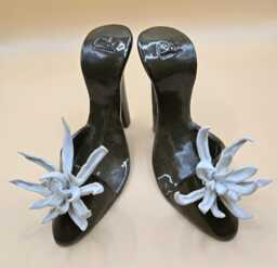 Ceramic Handbuilt Pair Of Shoes - Dark Brown Clay With White Chrysanthemum Flower - Art Shoe Decor Matching Vase-Pocketbook Available - thumbnail 1