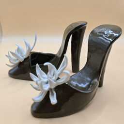 Ceramic Handbuilt Pair Of Shoes - Dark Brown Clay With White Chrysanthemum Flower - Art Shoe Decor Matching Vase-Pocketbook Available - thumbnail 2