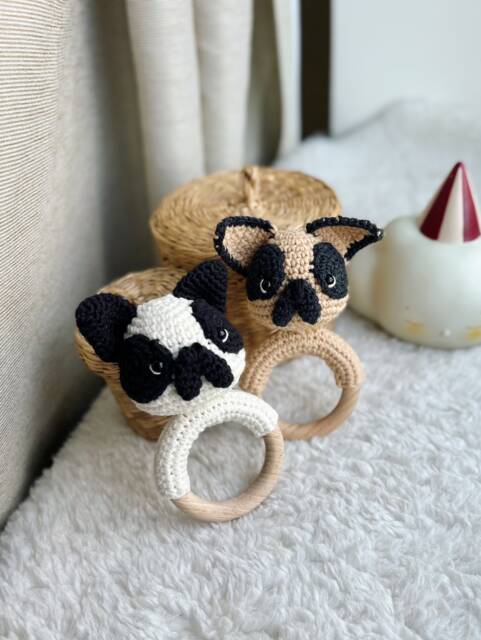 Crochet Rattle, Cute Bulldog French Toy, Baby Shower Gift, Christening New Mom Dog Rattle - image 1