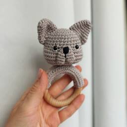 Crochet Rattle, Cute Bulldog French Toy, Baby Shower Gift, Christening New Mom Dog Rattle - thumbnail 4