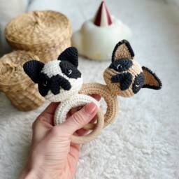 Crochet Rattle, Cute Bulldog French Toy, Baby Shower Gift, Christening New Mom Dog Rattle - thumbnail 2
