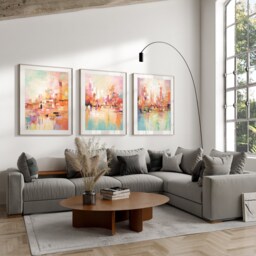 Set Of 3 Prints, Geometric Abstract Art, Pink Living Room Wall Art Posters, Home Decor, A5, A4, A3 A3+ A2 A1 50x70cm Sizes, Free Fast Delivery - thumbnail 1