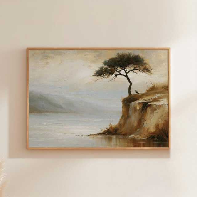 Pine Tree Cliff Poster, Lakeside Landscape Print, Nature Wall Art, Paper - image 1