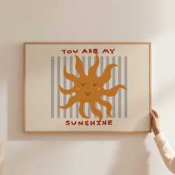You Are My Sunshine Print, Horizontal Toddler Room Blue Stripes, Sun Illustration Wall Art, Nursery Art Play Room, Unframed - thumbnail 2