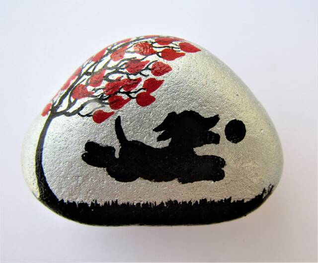 Hand Painted Dog Pebble, Stone Art, Tree Dogs Silhouette, Small Gift, Personalised Rock Painting, Moon Black Dog, Pet Memorial - image 1